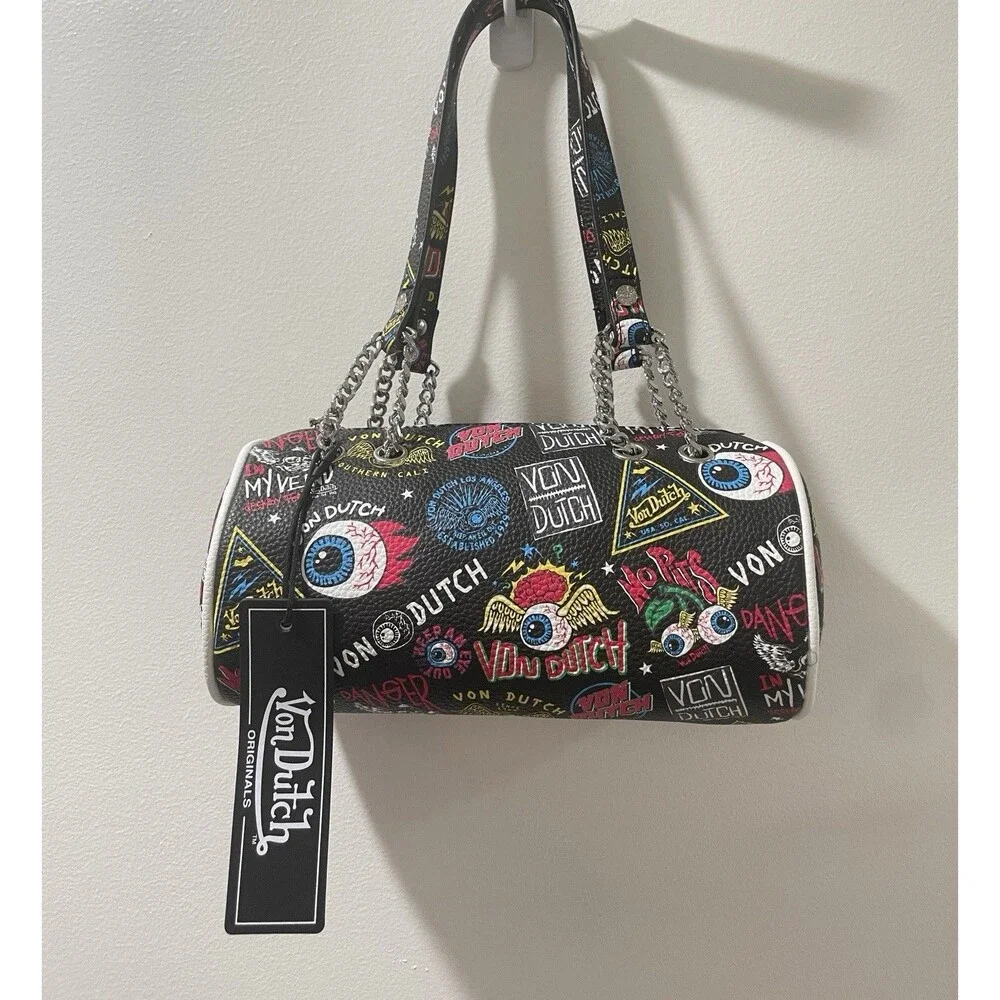 Von Dutch Y2K Barrel Shoulder Bag NWT - Black Jax Graphic Eyeball